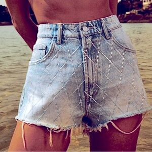 Zara women’s denim and rhinestone high-waisted jean shorts size 2 NWT